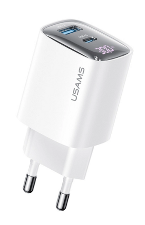 USAMS  CC229  sieťová nabíjačka GaN LED 30W PD 3.0/ QC 3.0 USB-A/USB-C biela