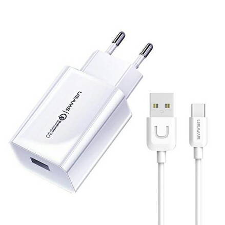 USAMS T48 Sieťová Nabíjačka 18W 3.0 + kábel USB typu C biely 