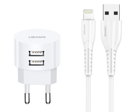 USAMS T20 okrúhla sieťová nabíjačka 2xUSB 2.1A + Lightning kábel 1m   
