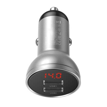 Baseus autonabíjačka 2x USB 4,8A 24W s LCD strieborná