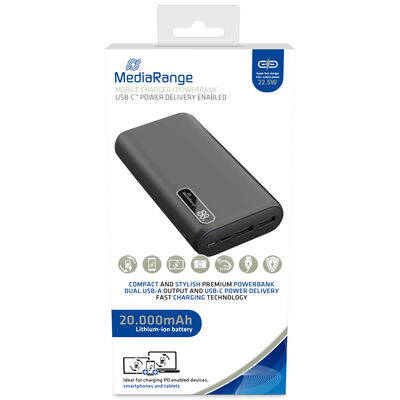 MediaRange Powerbank 20000 mAh with battery level LCD, 2x USB-A and 1xUSB-C black