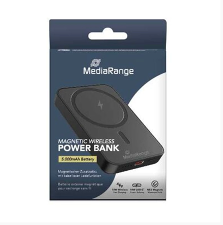MediaRange Magnetická bezdrôtová powerbanka  5 000 mAh, LED indikátor stavu nabitia, čierna