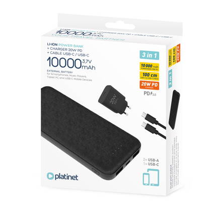 Platinet 3in1 set power banka 10000 mAh + 20W PD 3.0 nabíjačka + 1m Type-C Type-C kábel 
