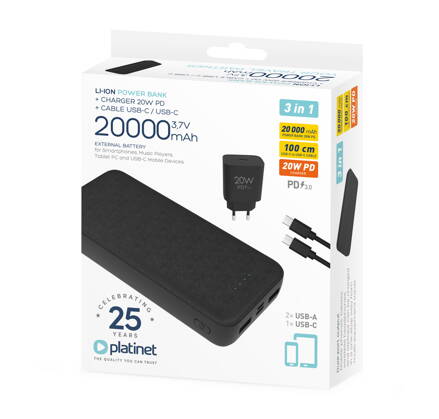 Platinet 3 az 1-ben szett power bank 20000 mAh + 20 W PD 3.0 töltő + 1m Type-C Type-C kábel