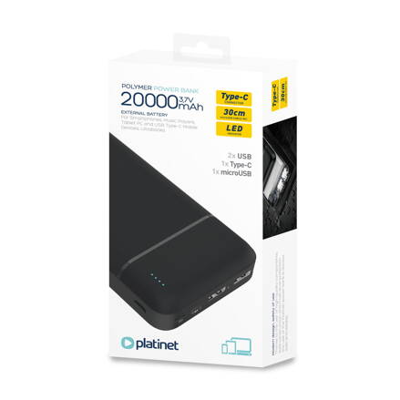 Powerbank 20000 mAh MicroUSB, Type-C Fekete