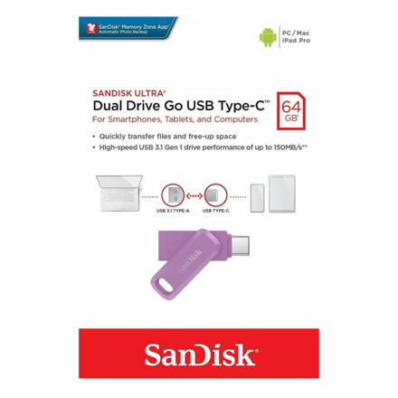 SanDisk Ultra Dual Drive Go USB Type-C, 300 MB/s 64 GB, levendula