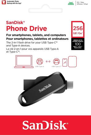 SanDisk 256GB Phone Dual Drive USB 3.2 Type C+A Black