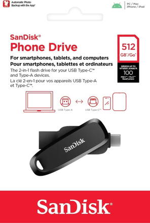 SanDisk 512GB Phone Dual Drive USB 3.2 Type C+A Black