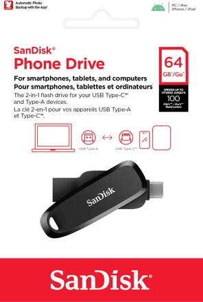 SanDisk 64GB Phone Dual Drive USB 3.2 Type C+A Black